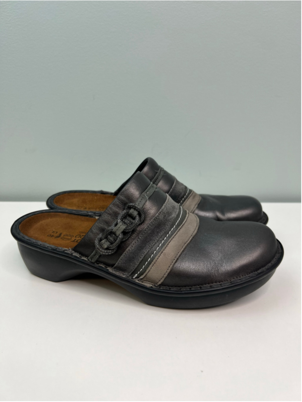 Naot Leather Mules Slip On Shoes Womens Size 40 / 9 Comfort Black Grey Silver